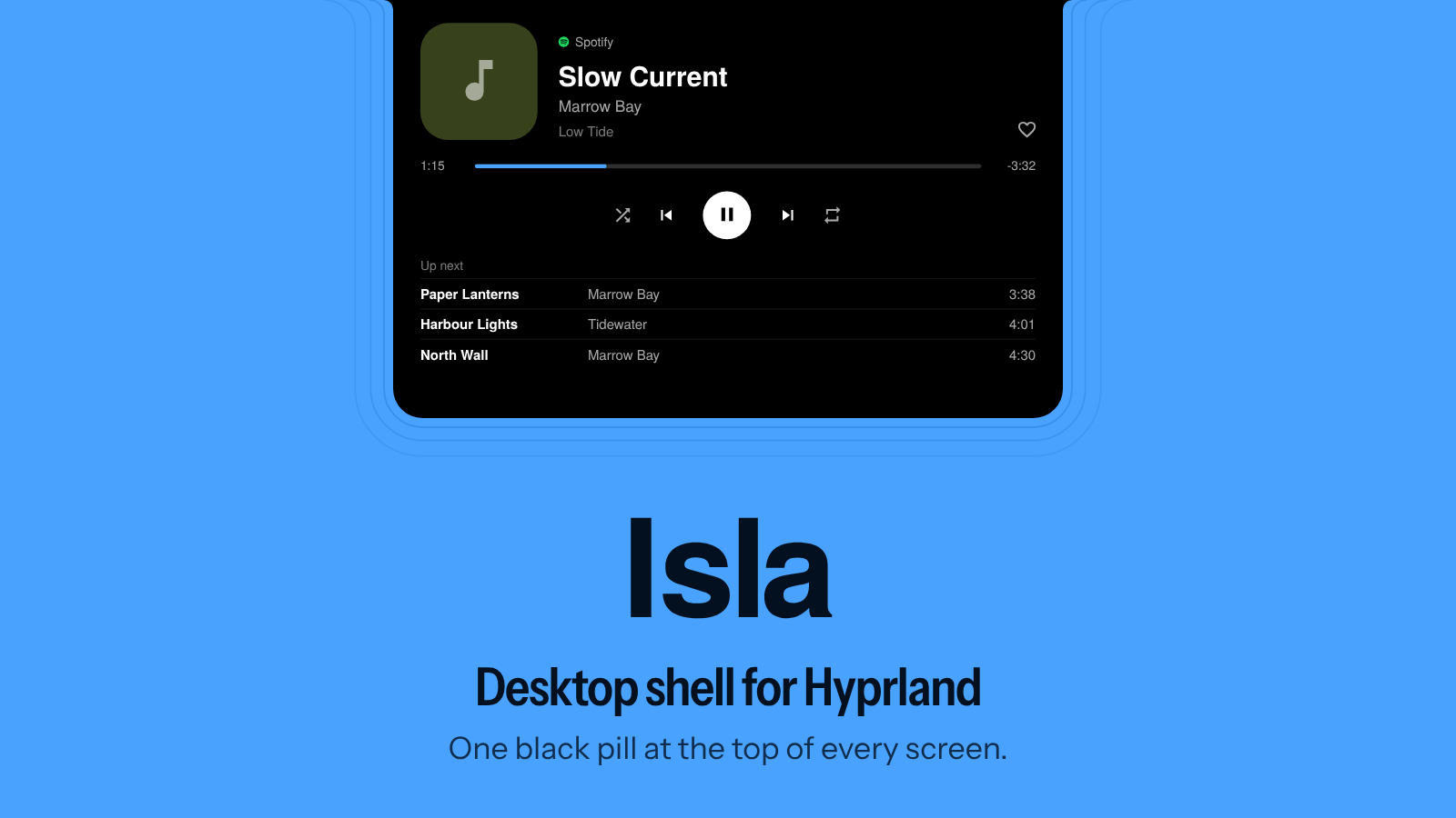 Isla's artwork: the pill open on Spotify, hanging from the top edge of a blue field, above the Isla wordmark and the line Desktop shell for Hyprland.